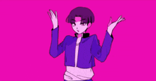 a drawing of a girl with purple hair and yellow eyes making an ok sign