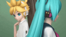 a boy and a girl are standing next to each other and the girl is wearing headphones
