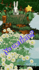 a rabbit in a garden with flowers and a sign that says " no one there "