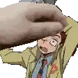 a pixel art of a man in a suit and tie holding a hand over his head .