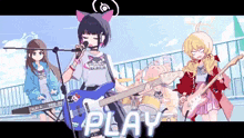 a group of anime girls are playing guitars and singing into microphones while the word play is on the bottom