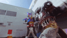 two monsters are fighting in front of a building with a red sign that says no parking