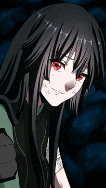 a girl with long black hair and red eyes looks at the camera