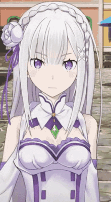 a girl with white hair and purple eyes is wearing a purple top