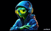 a green alien wearing headphones and a blue hoodie giving a thumbs up