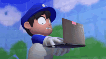a cartoon character is holding a laptop with a sticker on it that says nintendo
