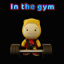 a cartoon character is holding a barbell with the words in the gym above him