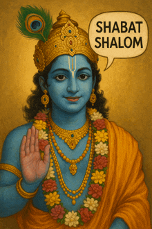 a painting of a deity with a speech bubble that says " shabat shalom "