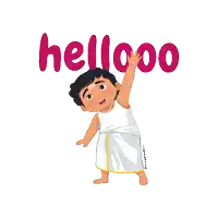 a cartoon of a boy waving with the word hellooo above him