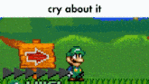 a pixel art of a man standing next to a sign with an arrow pointing to the right .