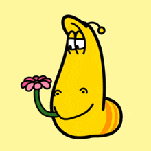 a yellow cartoon character is holding a pink flower in its mouth