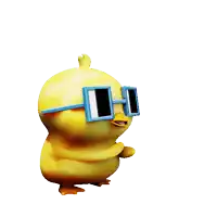 a yellow cartoon chicken wearing blue square sunglasses on a white background