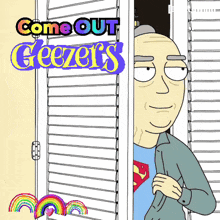 a cartoon of a bald man standing in a doorway with the words come out geezer 's