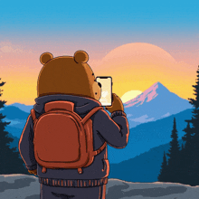 a cartoon bear with a backpack taking a picture of a mountain