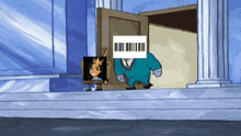 a cartoon of a man standing in front of a door