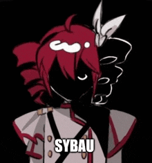a drawing of a girl with red hair and a white bow in her hair with the words `` sybau '' written on it .