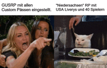 two women are pointing at a cat that is sitting at a table with food