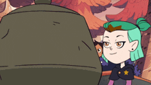 a cartoon character with green hair and a yellow star