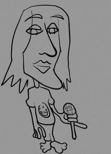 a black and white drawing of a woman holding a microphone with a smiley face on her shirt