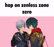 a couple of anime characters with the words hop on zenless zone zero below them