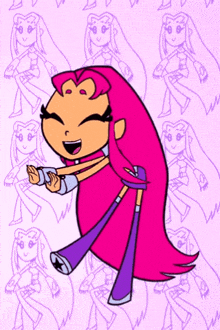 a cartoon girl with pink hair and purple pants is smiling