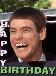 a man is laughing in a car with the words happy birthday below him