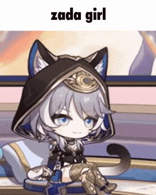 a girl with cat ears is sitting on a chair with the words zada girl above her