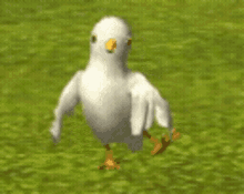 a white bird with a yellow beak is standing on a green field