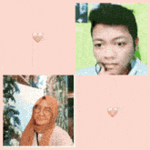 a collage of two pictures of a man and a woman on a pink background