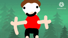 a cartoon drawing of a man with a red shirt and a brown hat with the words kinemaster on the bottom right