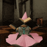 a cartoon character in a pink dress is holding a book in front of his face .