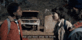 two boys standing next to each other with the words " did you ever stop to think " on the screen