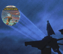 a sign that says la rematch señal is projected on a dark blue background