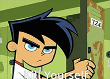 a cartoon character is standing next to a locker with the number 724 on it