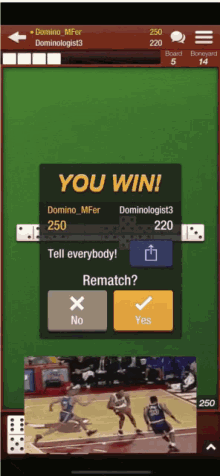 a screenshot of a domino game that says you win on it