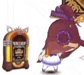 a cartoon character is standing next to a jukebox and a purple bag .