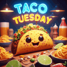 a taco with a smiling face sits on a wooden table under a sign that says taco tuesday