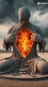 a statue of a man with a fire coming out of his chest and the words capcut on the bottom
