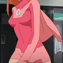 a woman in a pink superhero costume is standing in front of a locker