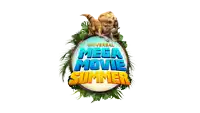the logo for universal mega movie summer with a dinosaur