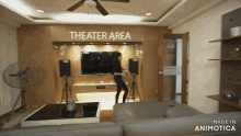 a living room with a sign that says theater area on it