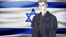 a man stands in front of a blue and white flag with a star on it