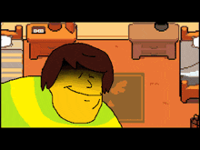 a pixel art drawing of a man with a yellow face and a green shirt