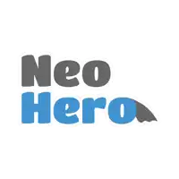 a logo that says neo hero in orange and gray letters