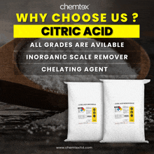 two bags of citric acid sit next to a wooden spoon of citric acid