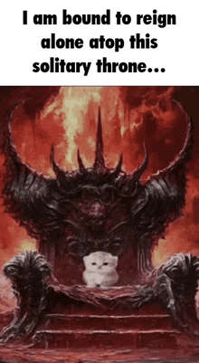 a white cat is sitting on a throne in front of a demon