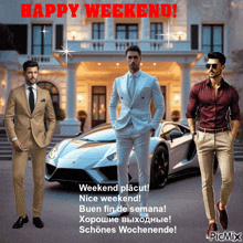a man in a suit stands in front of a car with the words happy weekend written on it