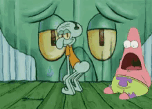 squidward and patrick from spongebob squarepants are standing on a wooden floor