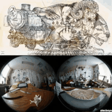 a fisheye lens shows a drawing of a train and a picture of a studio