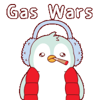 a cartoon penguin holding a gun and a knife with the words gas wars above him